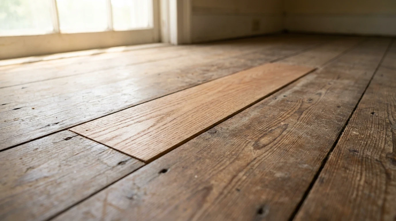 Close-up of a worn timber floorboard before sanding