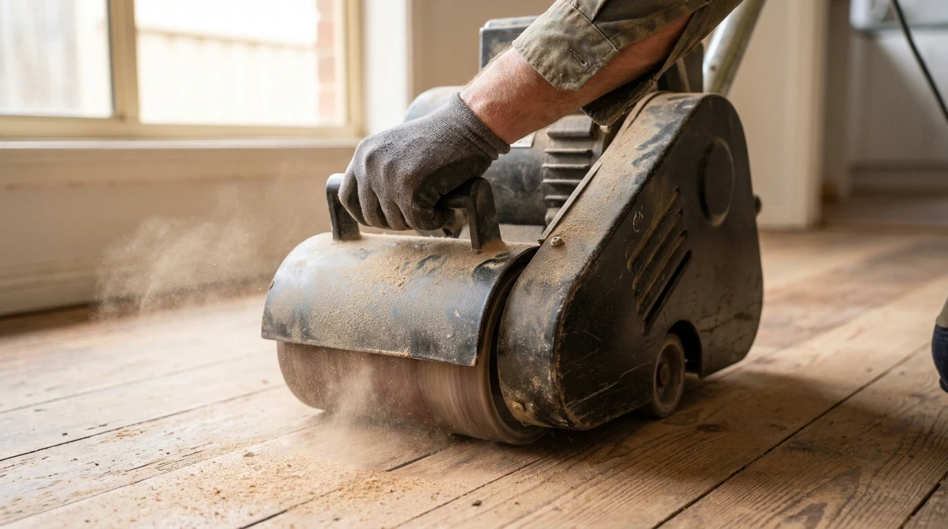 Close-up of an edge sander in use on a timber floor